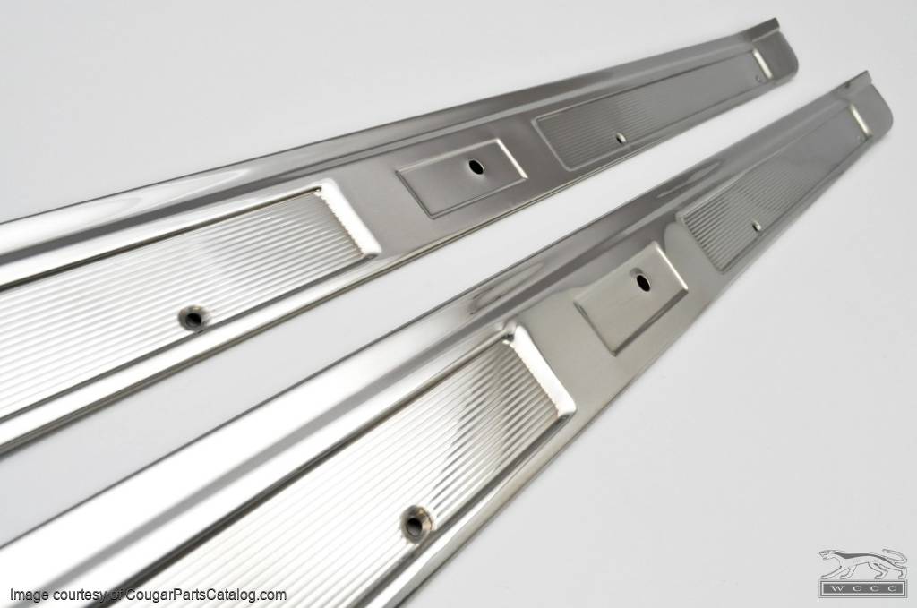 Door Sill Scuff Plates - STAINLESS STEEL - PAIR - Repro ~ 1969 - 1970 Mercury Cougar / 1969 - 1970 Ford Mustang - 25918