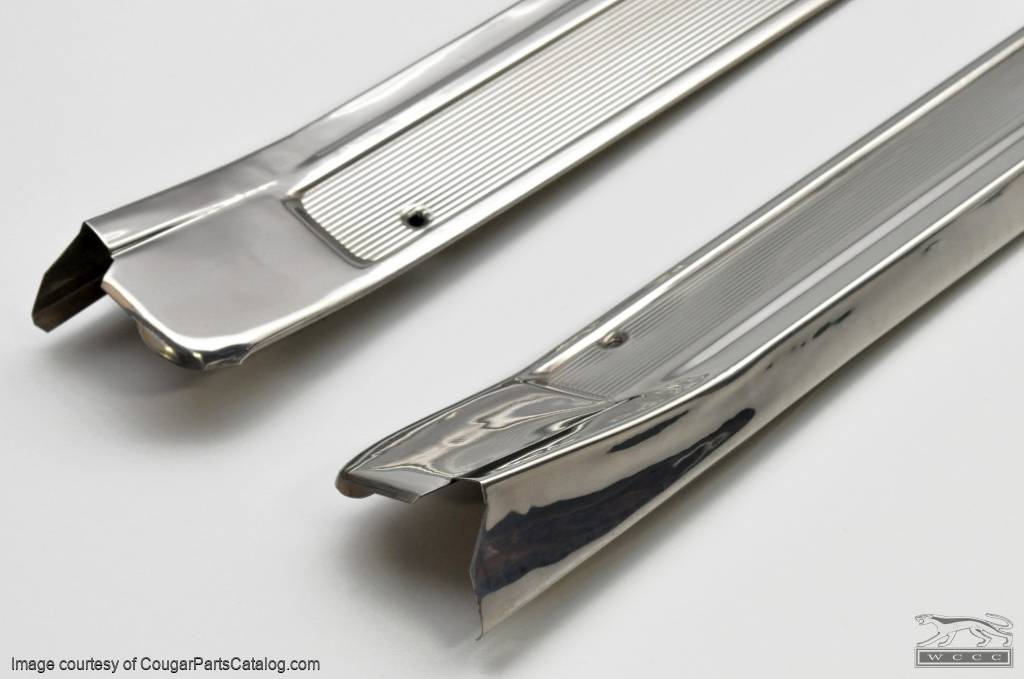 Door Sill Scuff Plates - STAINLESS STEEL - PAIR - Repro ~ 1969 - 1970 Mercury Cougar / 1969 - 1970 Ford Mustang - 25918