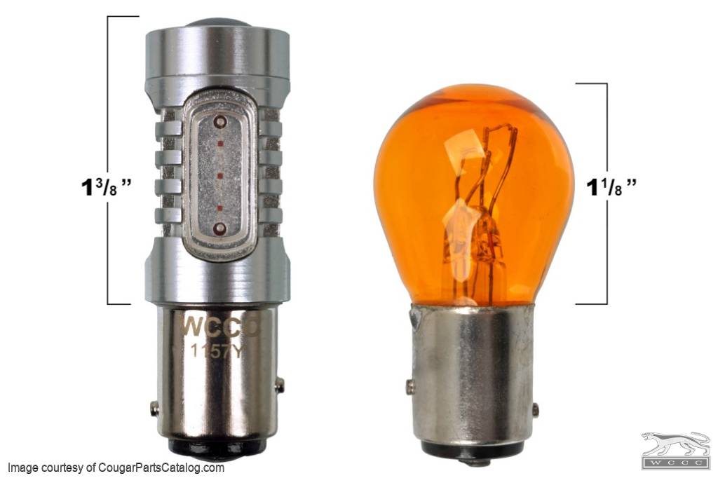 Yellow Plasma LED 1157 Bulb Size comparison with an original bulb.