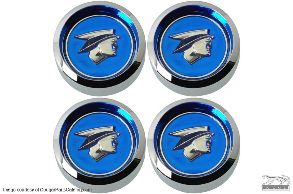 Center Cap - Magnum 500 Wheel - Chrome - BLUE Center - Mercury Man Logo - Set of 4 - Repro ~ 1967 - 1979 Mercury Cougar - 42156