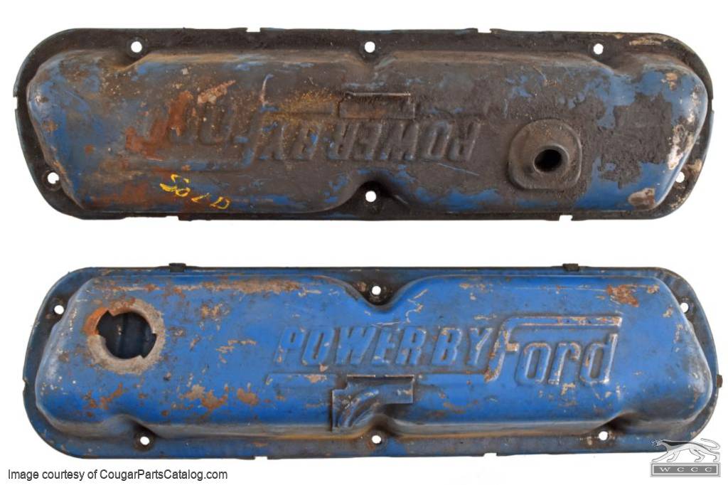 Valve Covers - 289 / 302 / 351W - Powered by Ford - Ford Engine BLUE - PAIR - Used ~ 1968 - 1973 Mercury Cougar / 1968 - 1973 Ford Mustang - 20116