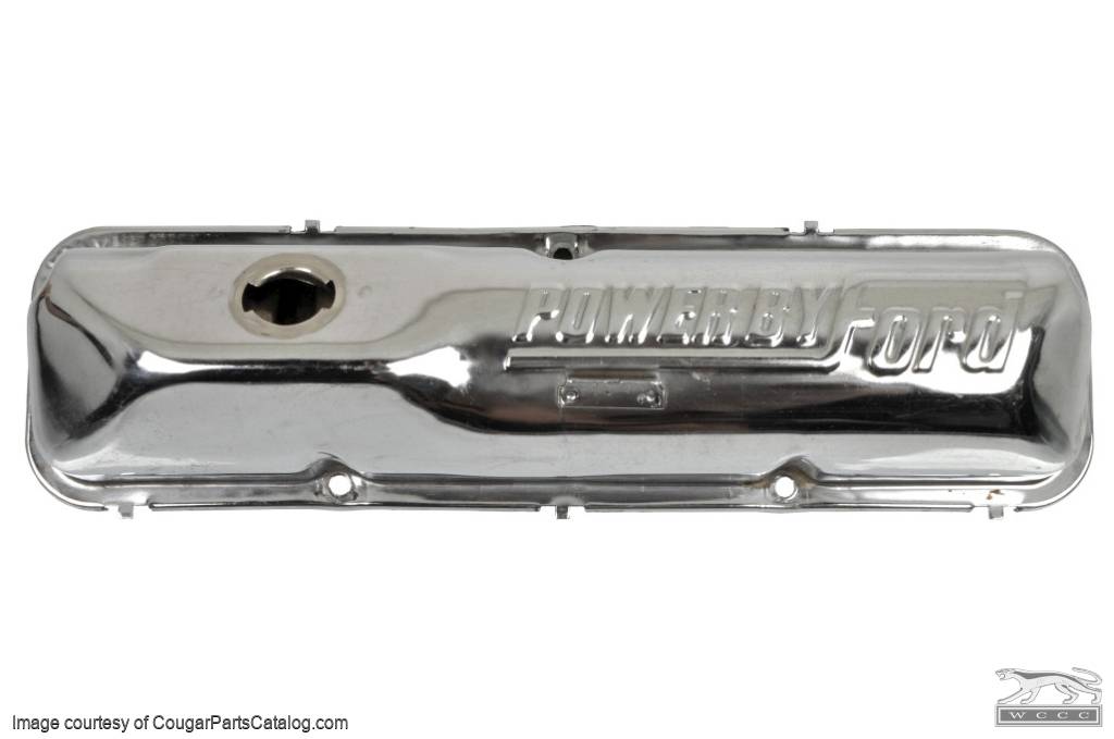 Valve Cover - 390 / 427 / 428CJ - Powered by Ford - CHROME - EACH - Used ~ 1967 - 1969 Mercury Cougar / 1967 - 1969 Ford Mustang - 24069