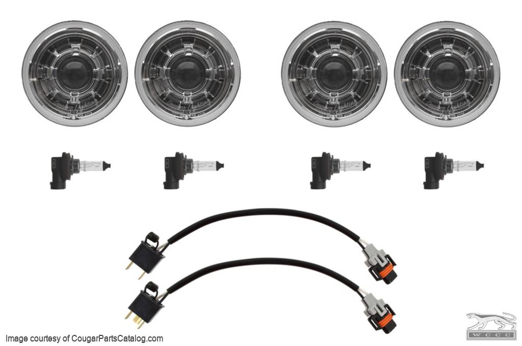 Headlight Set - HID Halogen Projector Housing Kit - CHROME - Repro ~ 1967 - 1973 Mercury Cougar / 1969 Ford Mustang - 31151