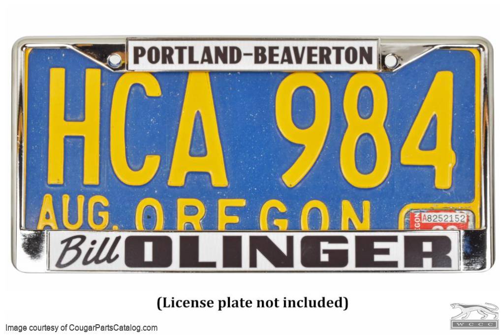 License Plate Frames - PAIR - Chrome - Portland / Beaverton Dealer - Repro ~ 1967 - 1973 Mercury Cougar  - 31873