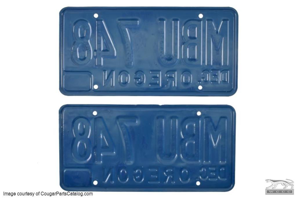 Licence Plates - Oregon - Original Blue and Yellow - PAIR - Restored ~ 1967 - 1973 Mercury Cougar / 1967 - 1973 Ford Mustang - 32059