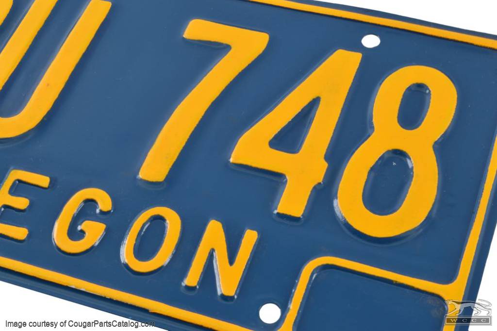 Licence Plates - Oregon - Original Blue and Yellow - PAIR - Restored ~ 1967 - 1973 Mercury Cougar / 1967 - 1973 Ford Mustang - 32059