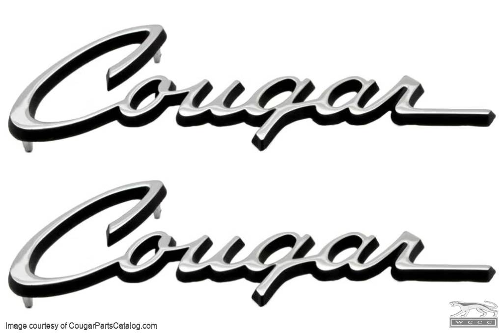 Emblems - Quarter Panel - COUGAR Script - w/ Black Trim - PAIR - Repro ~ 1968 Mercury Cougar - 32602