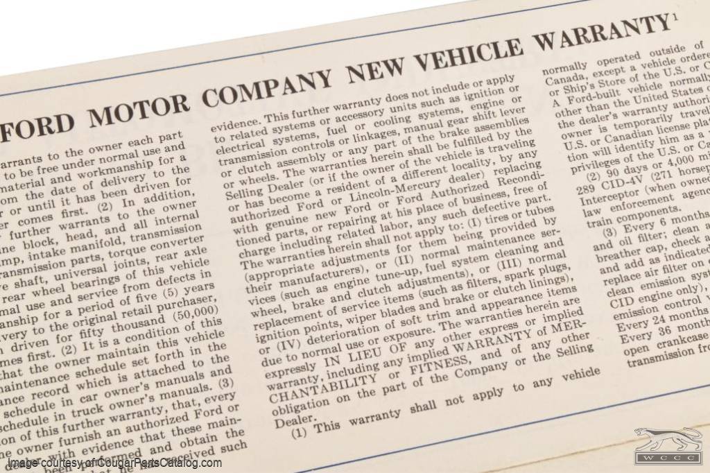 Ford Motor Company Warranty Flyer - NOS ~ 1967 Mercury Cougar / 1967 Ford Mustang  - 33001