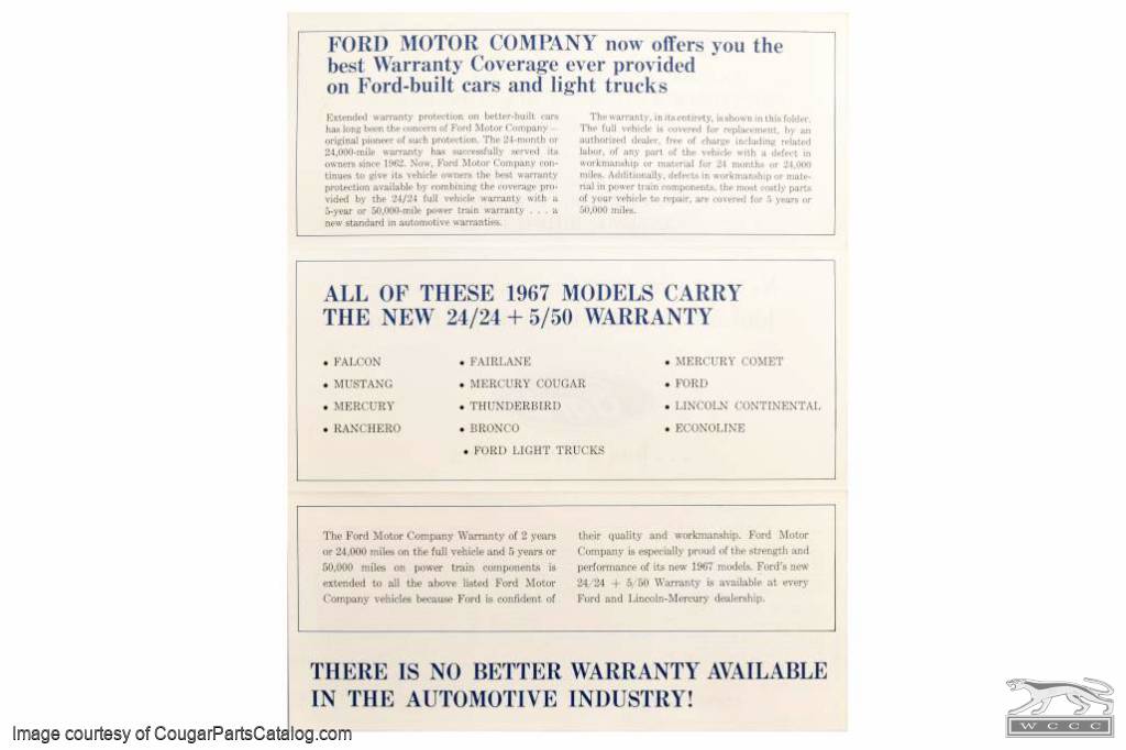 Ford Motor Company Warranty Flyer - NOS ~ 1967 Mercury Cougar / 1967 Ford Mustang  - 33001