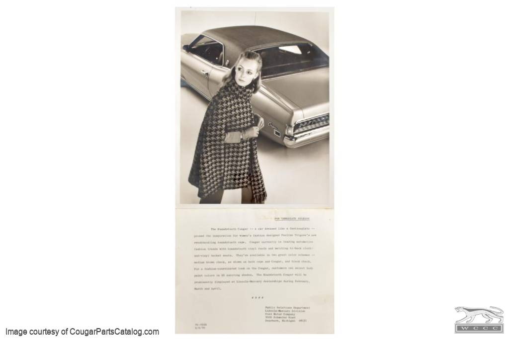 Press Release Information Sheet with Glossy 8x10 Photo - Houndstooth Cougar - Used ~ 1970 Mercury Cougar  - 33493