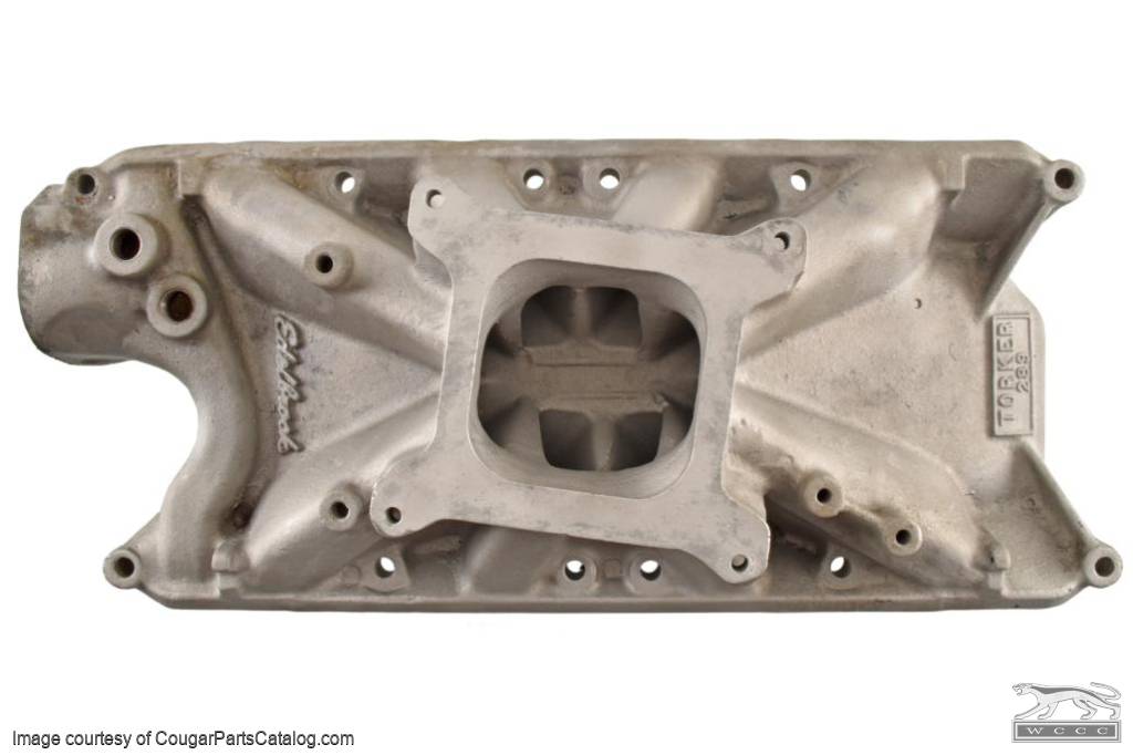 Aluminum Intake Manifold - Edelbrock Torker 2755 - 289 / 302 - Used ~ 1967 - 1968 Mercury Cougar / 1965 - 1973 Ford Mustang 1967,1967 cougar,1967 mustang,1968,1968 cougar,1968 mustang,1969,1969 cougar,1969 mustang,1970,1970 cougar,1970 mustang,1971,1971 cougar,1971 mustang,1972,1972 cougar,1972 mustang,1973,1973 cougar,1973 mustang,302,289,aluminum,c5z,c6z,c7w,c7z,c8w,c8z,c9z,cougar,d0z,d1z,d2z,d3z,edelbrock,ford,ford mustang,intake,manifold,mercury,mercury cougar,mustang,torker,2755,34096