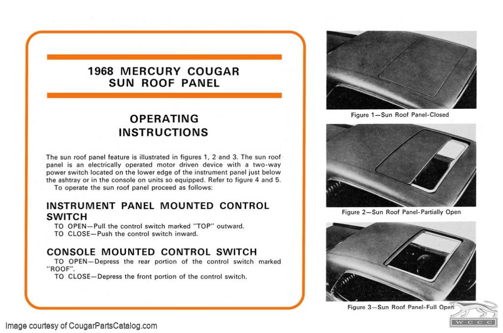 Operating Instructions - Sun Roof Panel - Free Download ~ 1968 Mercury Cougar - 90002