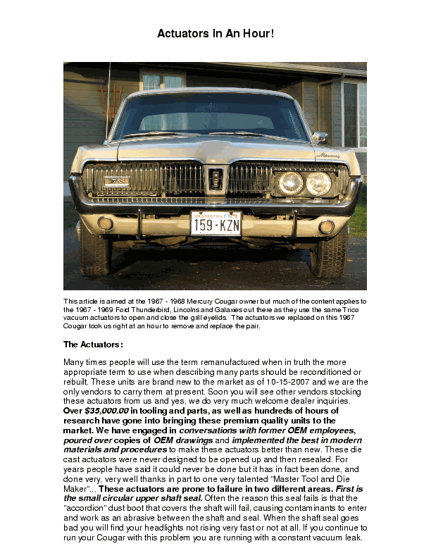 Actuators in an Hour - FREE Download ~ 1967 - 1970 Mercury Cougar - 90014