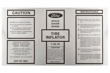 Decal - Space Saver Spare Inflator Bottle - Repro ~ 1969 - 1970 Mercury Cougar / 1969 - 1970 Ford Mustang  FSS513,33659,1969,1969 cougar,1969 mustang,1970,1970 cougar,1970 mustang,C9W,C9Z,D0W,D0Z,bottle,c9wa-19f514-a,cardboard,cougar,decal,donut,ford,ford mustang,inflator,mercury,mercury cougar,mustang,new,repro,saver,sleeve,space,spare,sticker,tire,trunk